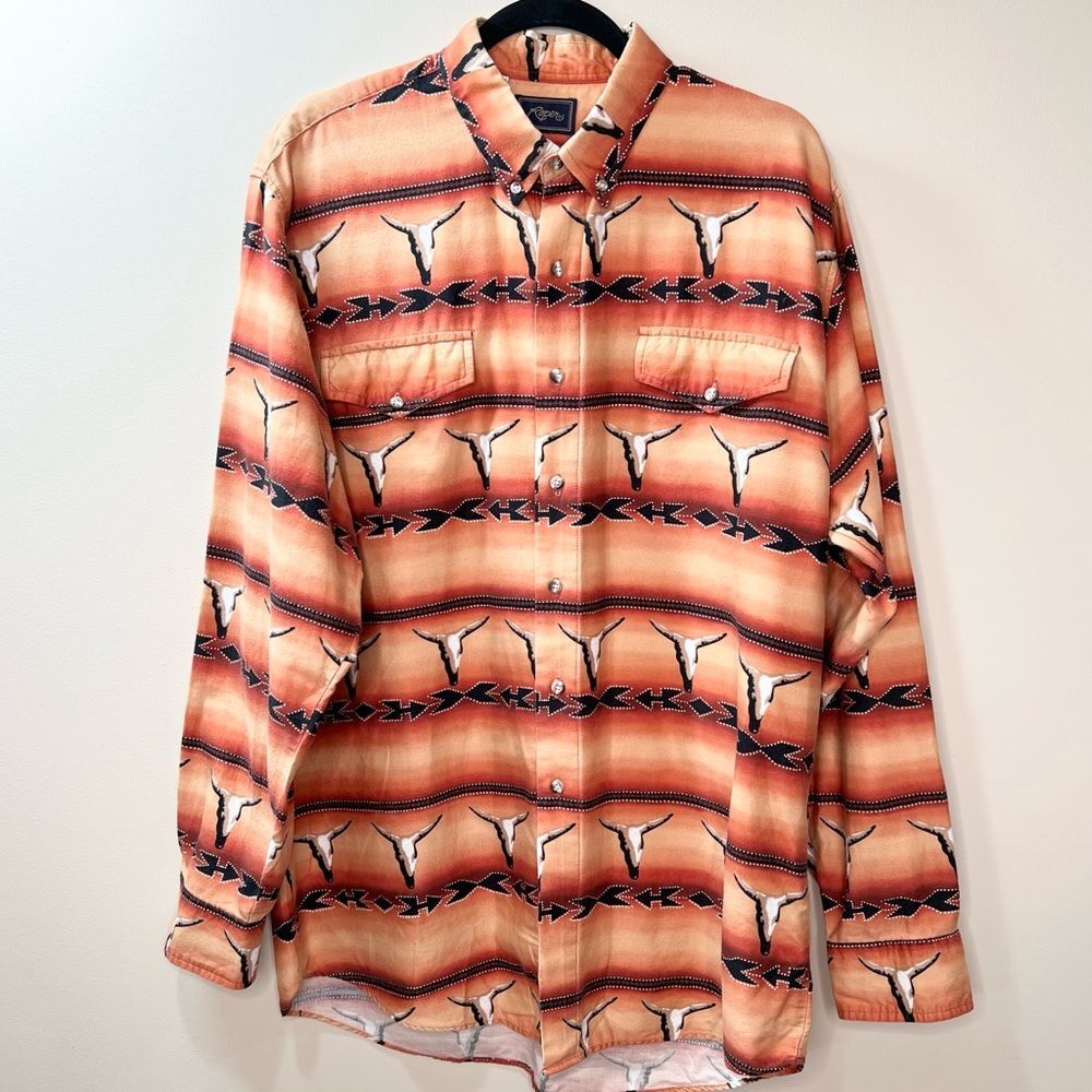VTG Roper Western Cowboy Long Horn Print Button Up Long Sleeve Shirt 17 1/2 XL